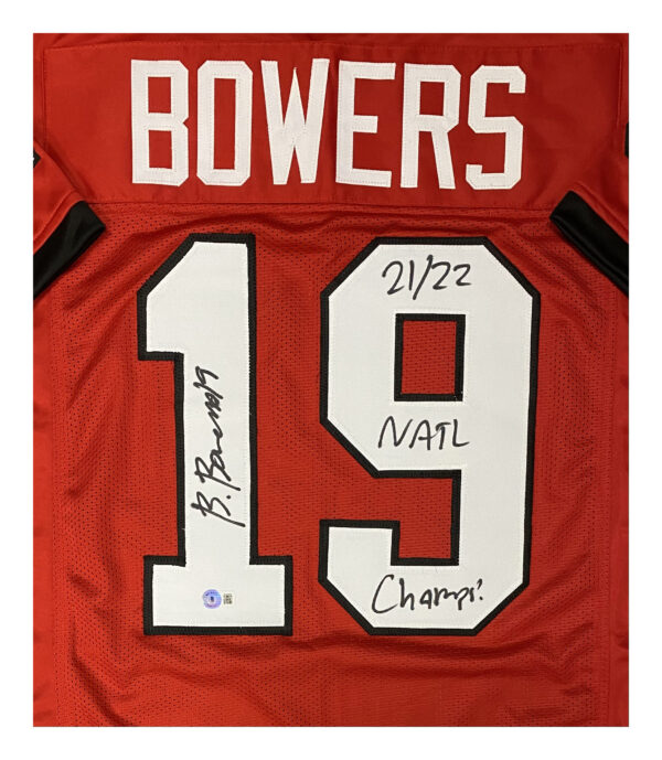 Brock Bowers Autographed Red Georgia Style Jersey w/ 21/22 Natl Champs - Beckett Authentication - Image 4